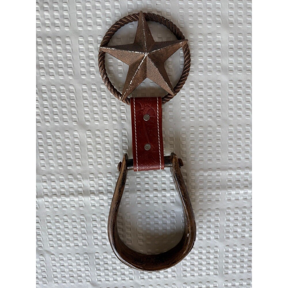 Montana Western Stirrup Towel Holder Rustic Leather Cast Iron Texas Star.